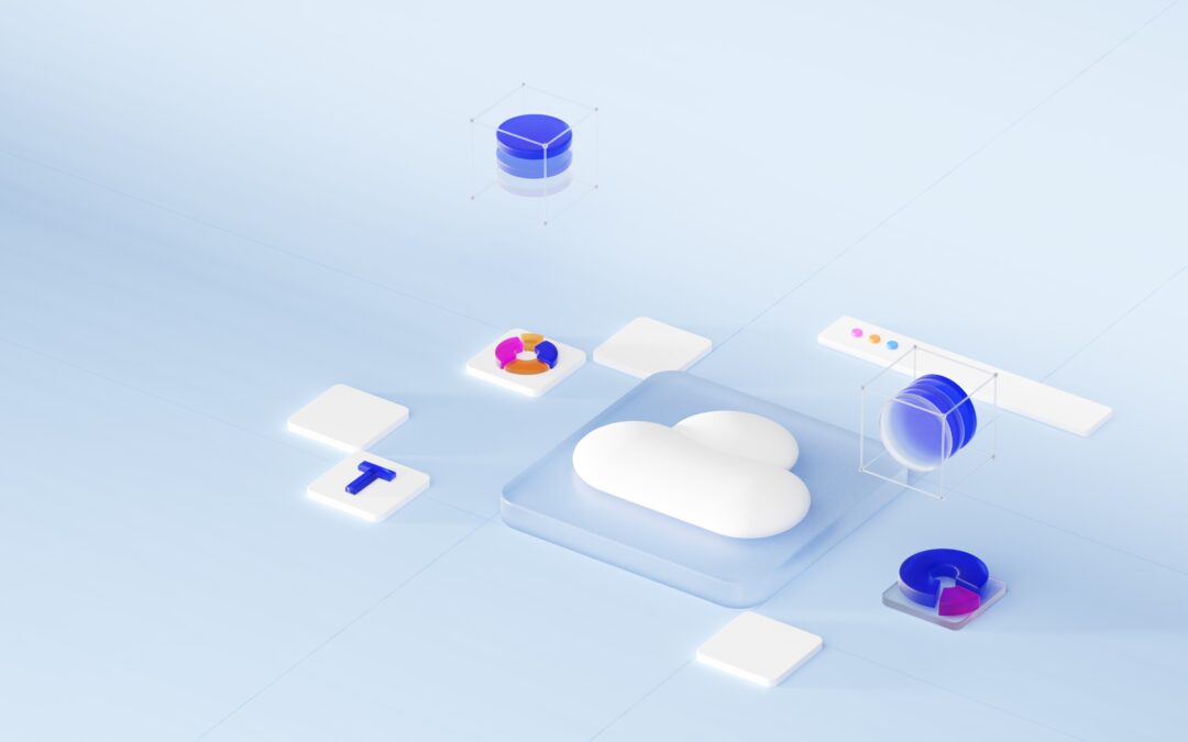A 3D illustration of a cloud shaped like a computer monitor, surrounded by icons and graphs on a blue background.