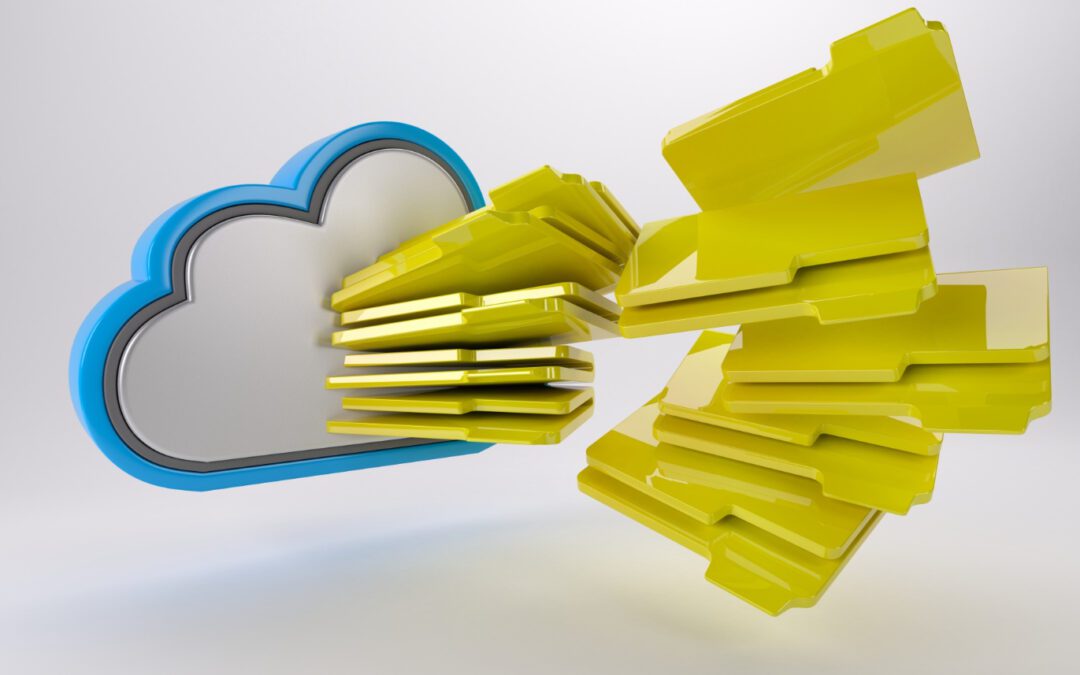 A 3d illustration of a blue cloud symbol connected to multiple yellow folders representing cloud storage.